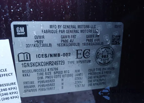 2017 Chevrolet Tahoe Premier z USA, uszkodzony, nr VIN 1GNSKCKC9HR249729